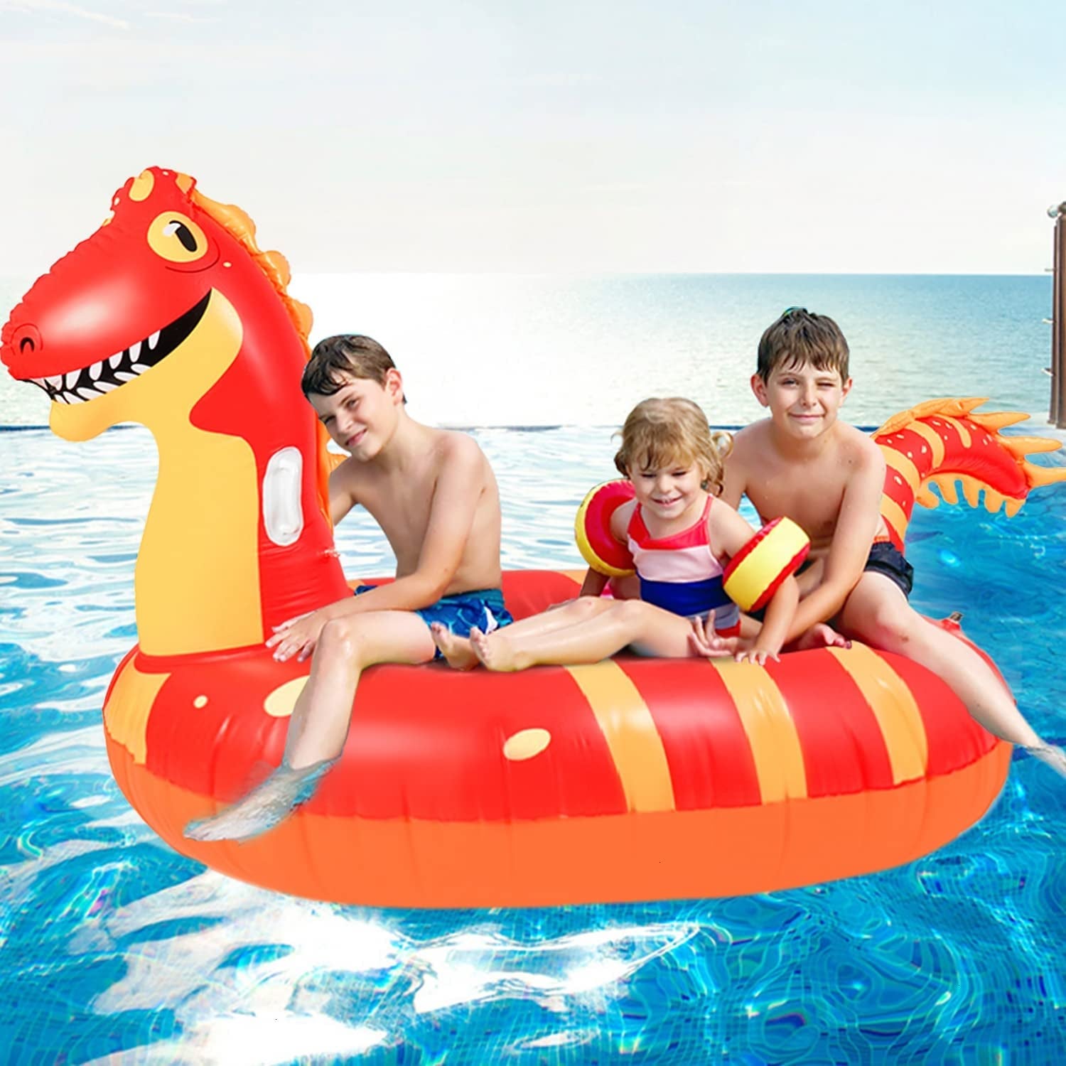 Giant Inflatable Dinosaur Pool Float, 95'' Fun Pool Floaties for Kids and Adults, Dinosaur Floatie Ride-On Pool Raft Lounge, Summer Pool Toys for Party, Beach, Swimming