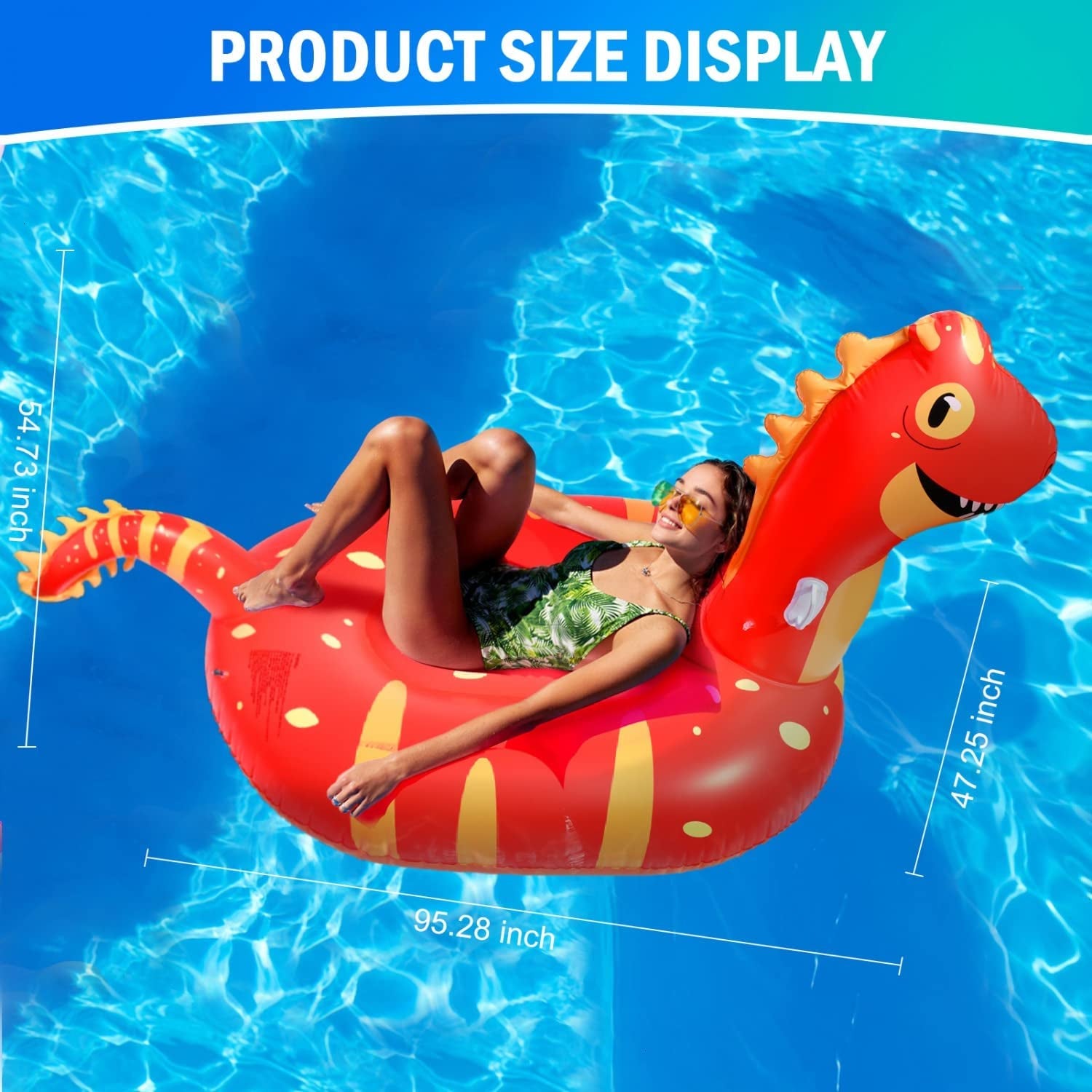 Giant Inflatable Dinosaur Pool Float, 95'' Fun Pool Floaties for Kids and Adults, Dinosaur Floatie Ride-On Pool Raft Lounge, Summer Pool Toys for Party, Beach, Swimming