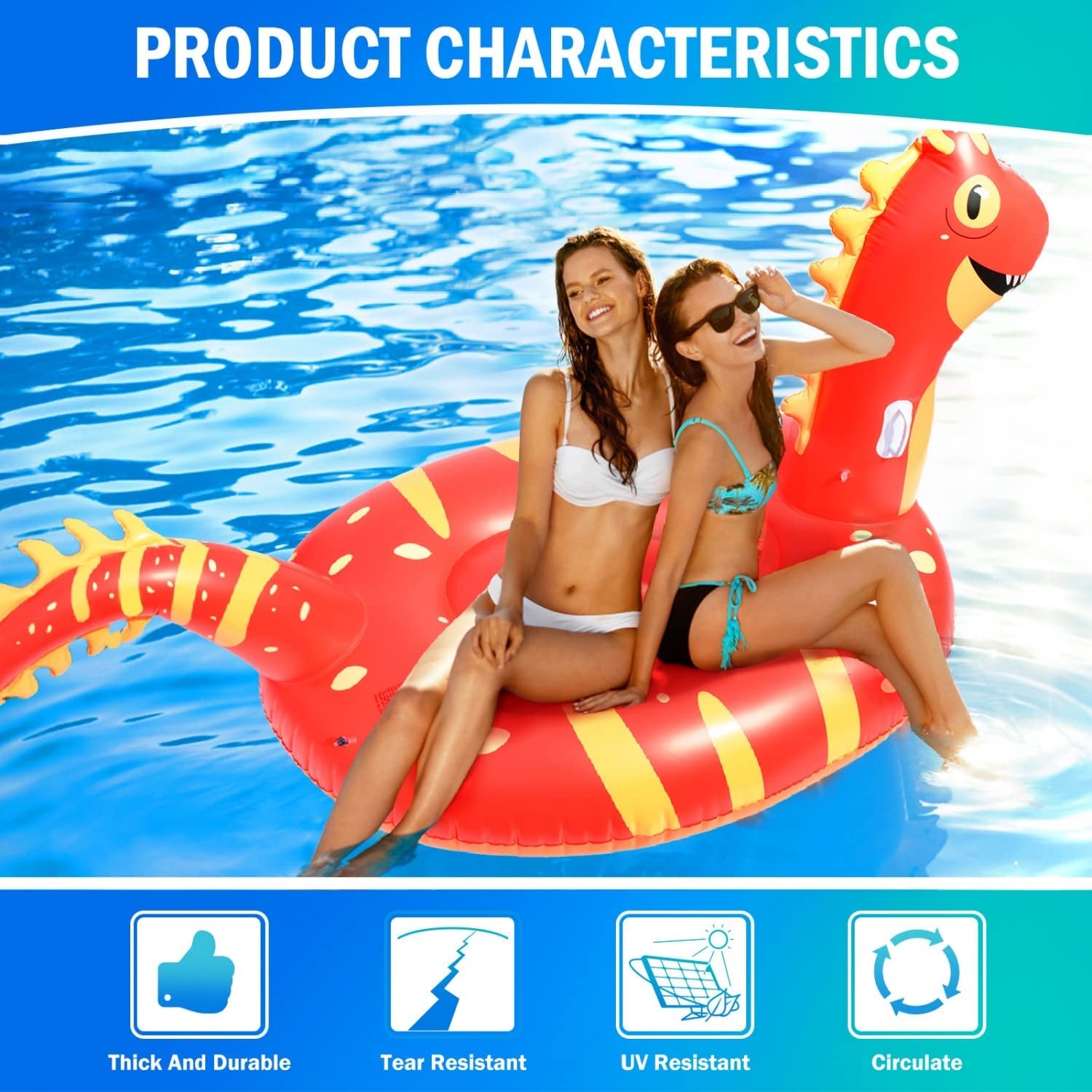 Giant Inflatable Dinosaur Pool Float, 95'' Fun Pool Floaties for Kids and Adults, Dinosaur Floatie Ride-On Pool Raft Lounge, Summer Pool Toys for Party, Beach, Swimming