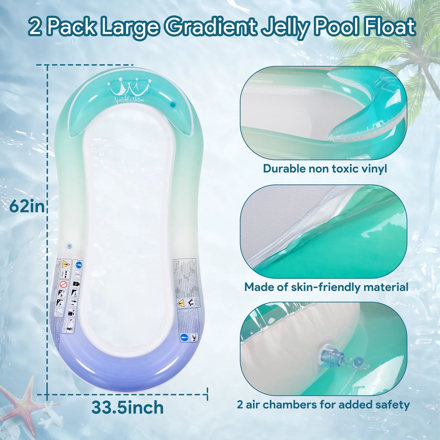 2 Packs Pool Floats Lounge with Headrest and Footrest, Inflatable Pool Floaties Rafts for Adults Pool Party Summer Water Fun, Gradient Color