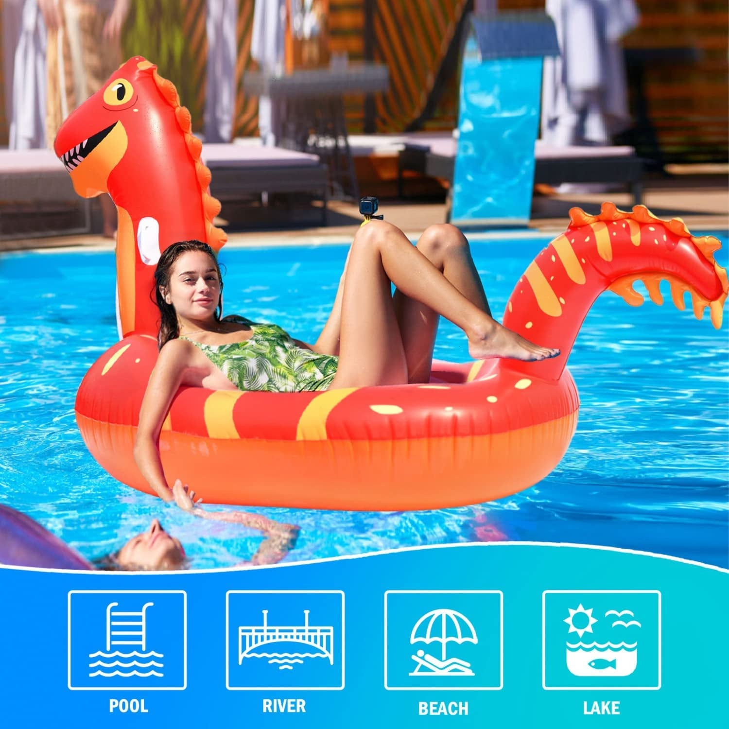 Giant Inflatable Dinosaur Pool Float, 95'' Fun Pool Floaties for Kids and Adults, Dinosaur Floatie Ride-On Pool Raft Lounge, Summer Pool Toys for Party, Beach, Swimming